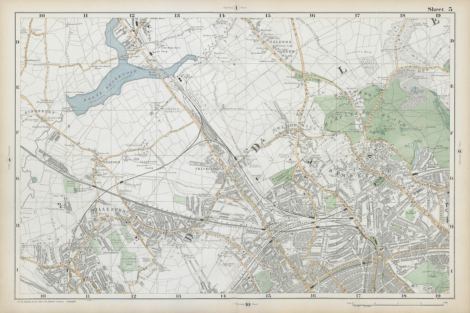 HAMPSTEAD WILLESDEN Cricklewood Golders Green Kilburn Belsize Pk BACON  1906 map